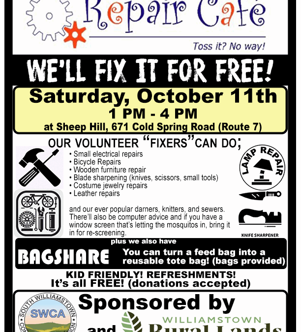 Fix it, sharpen it, refresh it! – The Repair Café is tomorrow, October 11, 1 – 4 PM at Sheep Hill