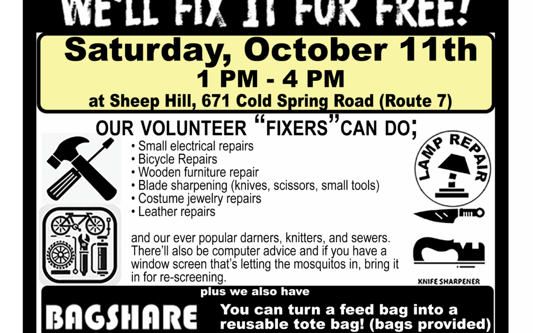 Fall Repair Café at Sheep Hill – Saturday, October 11th – 1 to 4 p.m.