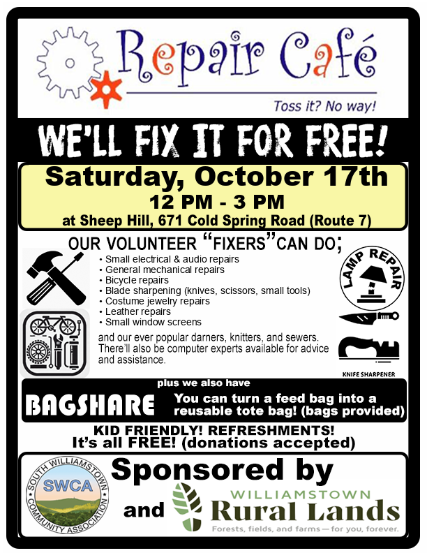 Fall Repair Cafe – Saturday, October 17th from 12pm – 3pm at Sheep Hill