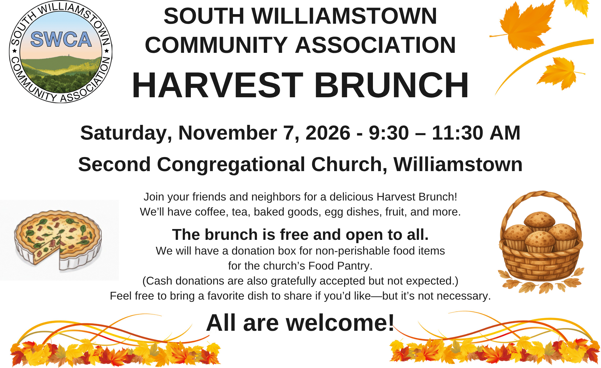 SWCA Harvest Brunch flyer: Saturday, November 7, 2026, 9:30 to 11:30 AM, Second Congregational Church, Williamstown. Free and open to all.